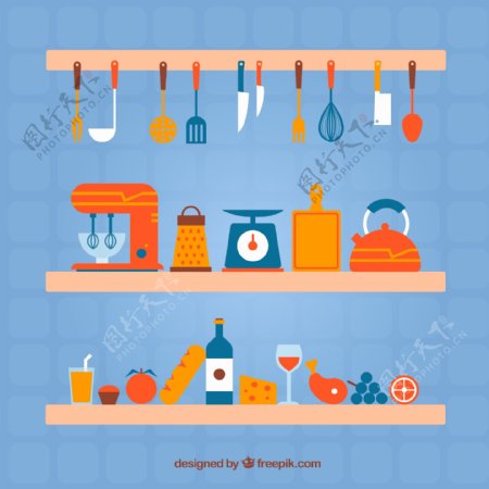 彩色架子上的厨具和食物矢量图图片