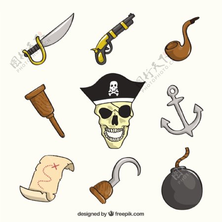 各种手绘海盗物品元素矢量素材