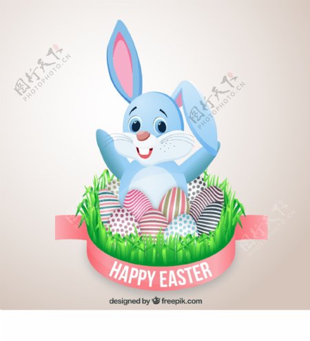 复活节卡片上可爱的兔子和装饰的鸡蛋