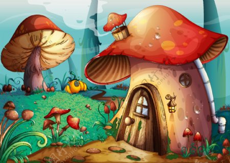 卡通森林蘑菇屋矢量素材