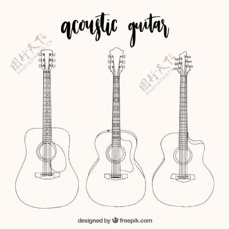 手绘风格三种声学吉他矢量素材