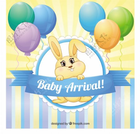 可爱的兔子与气球婴儿淋浴卡