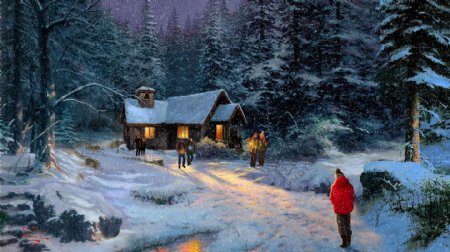 梦幻的雪景油画