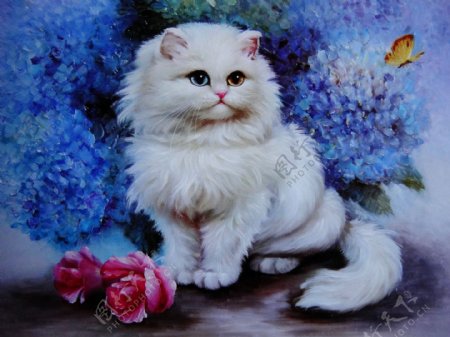 白猫油画图片