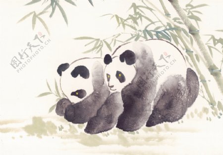 国画熊猫与竹子图片