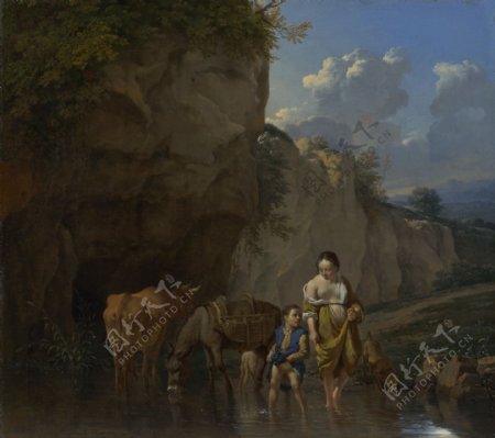 溪中的马匹和人油画图片