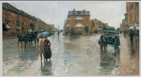 雨中的欧洲街道油画图片
