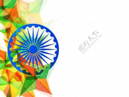 印度国旗颜色的多边形几何三角形与蓝阿育王轮创作背景与空间添加独立日消息