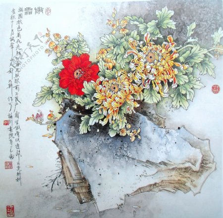 国画花卉石头图片