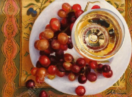 葡萄与酒杯静物油画图片