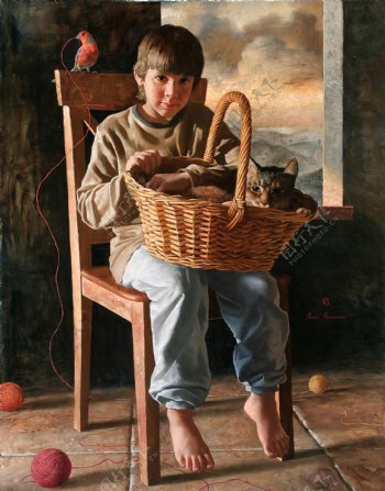 猫咪鹦鹉与小男孩肖像画图片
