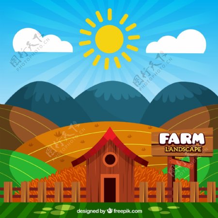 蓝天上太阳照耀整个农场和山坡