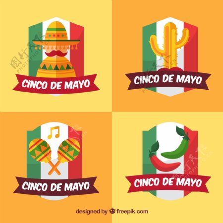 墨西哥国旗装饰元素五月五日节标签图标