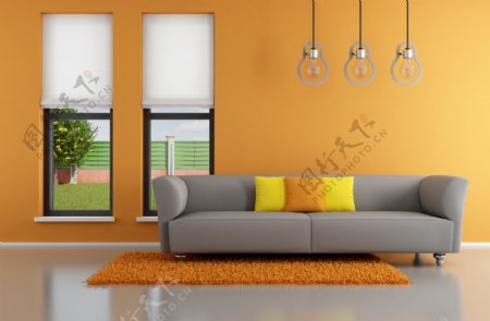 橙色背景灰色沙发客厅效果图图片
