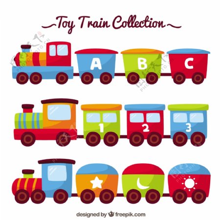 手绘彩色各种玩具火车矢量素材