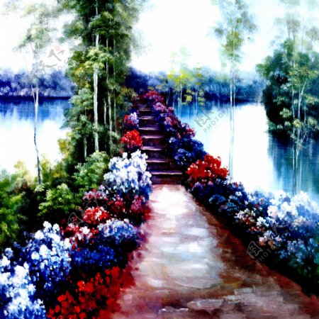 油画鲜花湖泊与道路图片