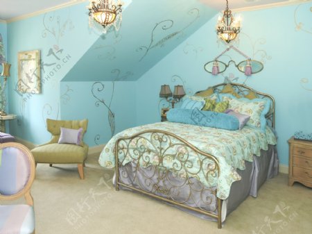 蓝色欧式卧室装饰图片