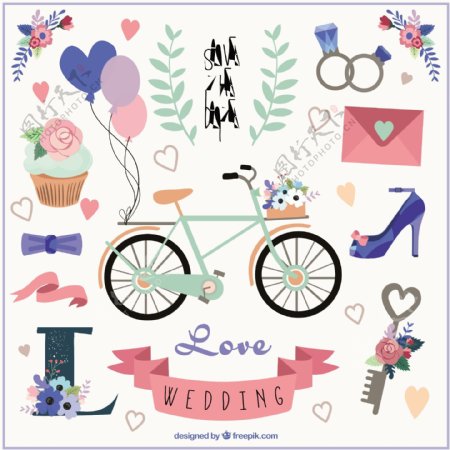 可爱的自行车和婚礼元素