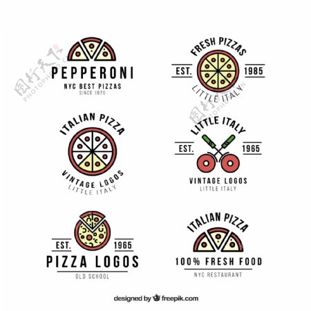 白色背景上的比萨饼的六个标志