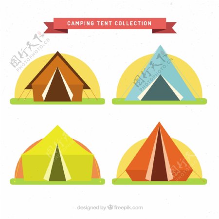 在平面设计中设置的彩色野营帐篷