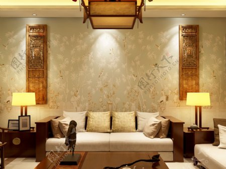 现代中式沙发背景墙新中式客厅效果图