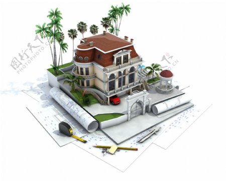图纸上的别墅模型图片