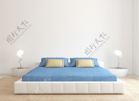 蓝色大床卧室效果图图片