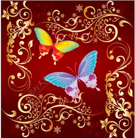 时尚美丽花纹和彩色蝴蝶背景矢量素材