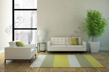 简洁的白色沙发和绿色植物图片