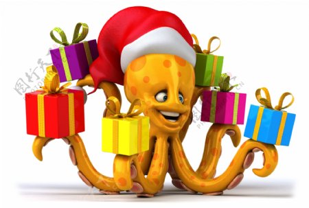 圣诞章鱼与礼盒图片