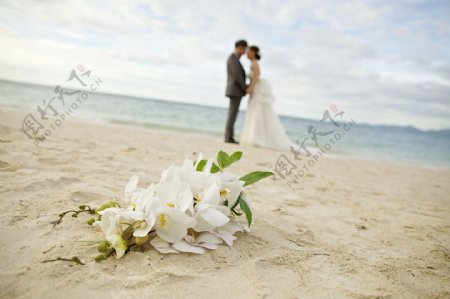 沙滩上接吻的情侣图片
