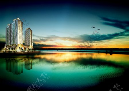 黄昏湖岸的高楼大厦风景图片