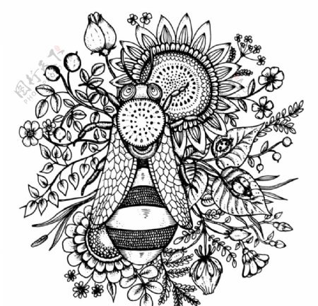手绘蜜蜂和葵花矢量素材