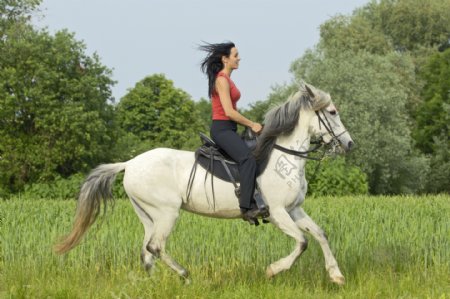 田园间骑马的红衣女孩图片