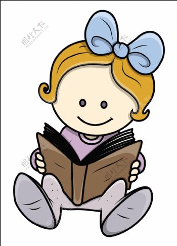可爱的小女孩看书矢量插图