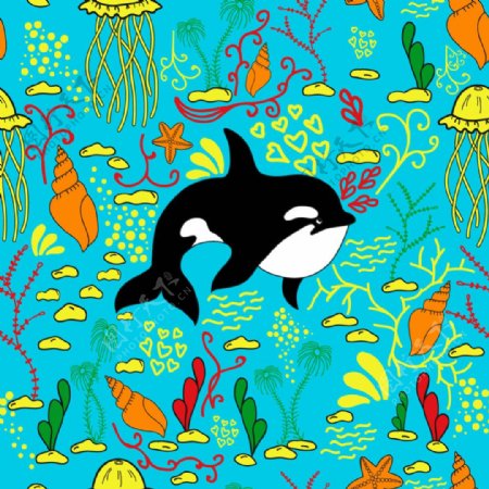 海豚与海螺无缝花纹矢量图案