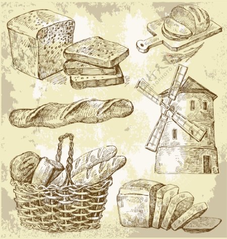 素描乡村的面包矢量图形下载