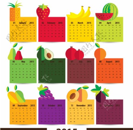 2015彩色水果标贴年历矢量素