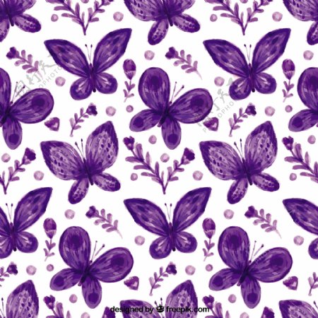 紫色的花和水彩蝴蝶的美丽图案