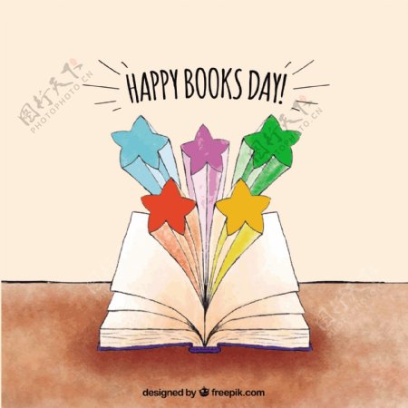 世界图书日背景与开放图书和彩色明星