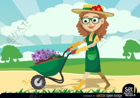 妇女用独轮车承载植物的园丁