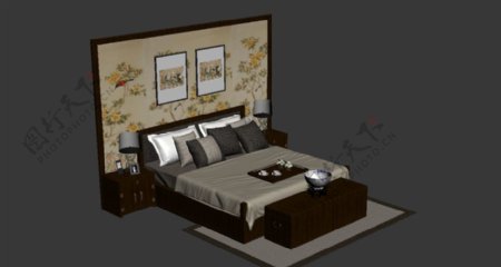 中式双人床模型图片