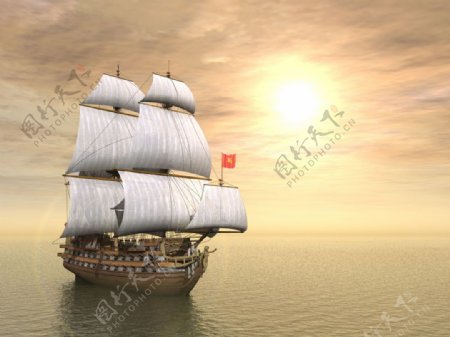 夕阳帆船海面图片