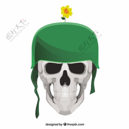 绿色头盔和装饰花头骨的背景