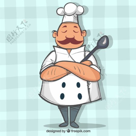 手绘厨师人物交叉双臂格子背景