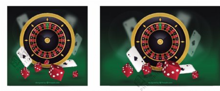 赌场背景与轮盘和红色骰子