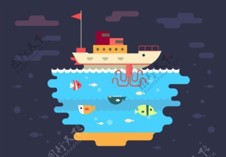 自由船和海底矢量插图