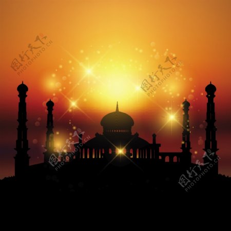 日落的理想的清真寺的剪影