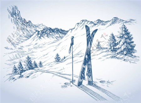 手绘素描雪山的滑雪板场景矢量素材下载