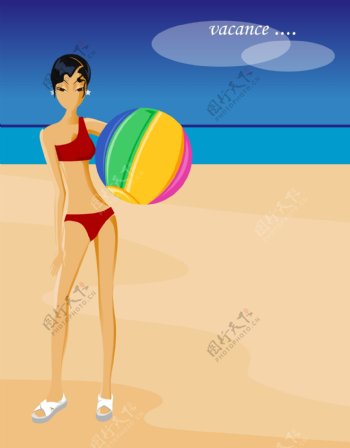 海边玩皮球的美女